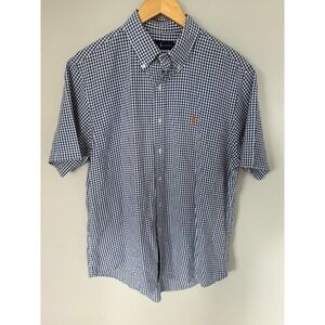 Ralph Lauren Mens Large Blue Seersucker Gingham Short Sleeve Button Down Shirt